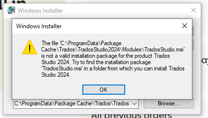 Windows Installer error dialog box showing a warning that the file 'C:ProgramDataPackageCacheTradosTradosStudio2024ModulesTradosStudio.msi' is not a valid installation package for Trados Studio 2024.