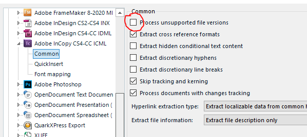 Trados Studio screenshot showing Adobe InDesign options with a red error icon next to 'Process unsupported file versions' checkbox.