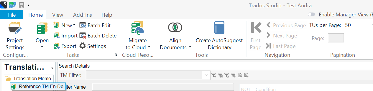 Screenshot of Trados Studio interface showing the Translation Memory view with an open TM named 'Reference TM En-De'. The ImportExport buttons are visible in the Home tab.