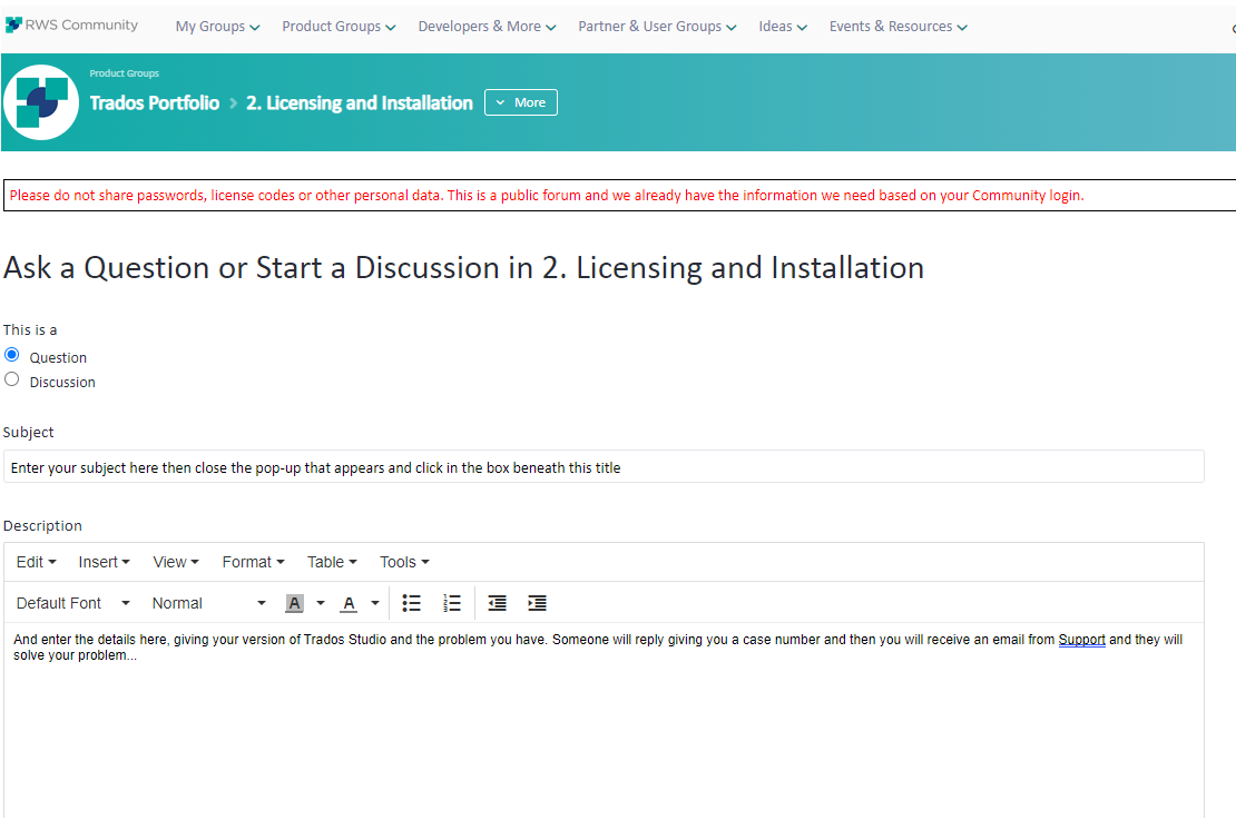 RWS Community page for Trados Portfolio under '2. Licensing and Installation' with a prompt to 'Ask a Question or Start a Discussion'. A warning advises not to share personal data.