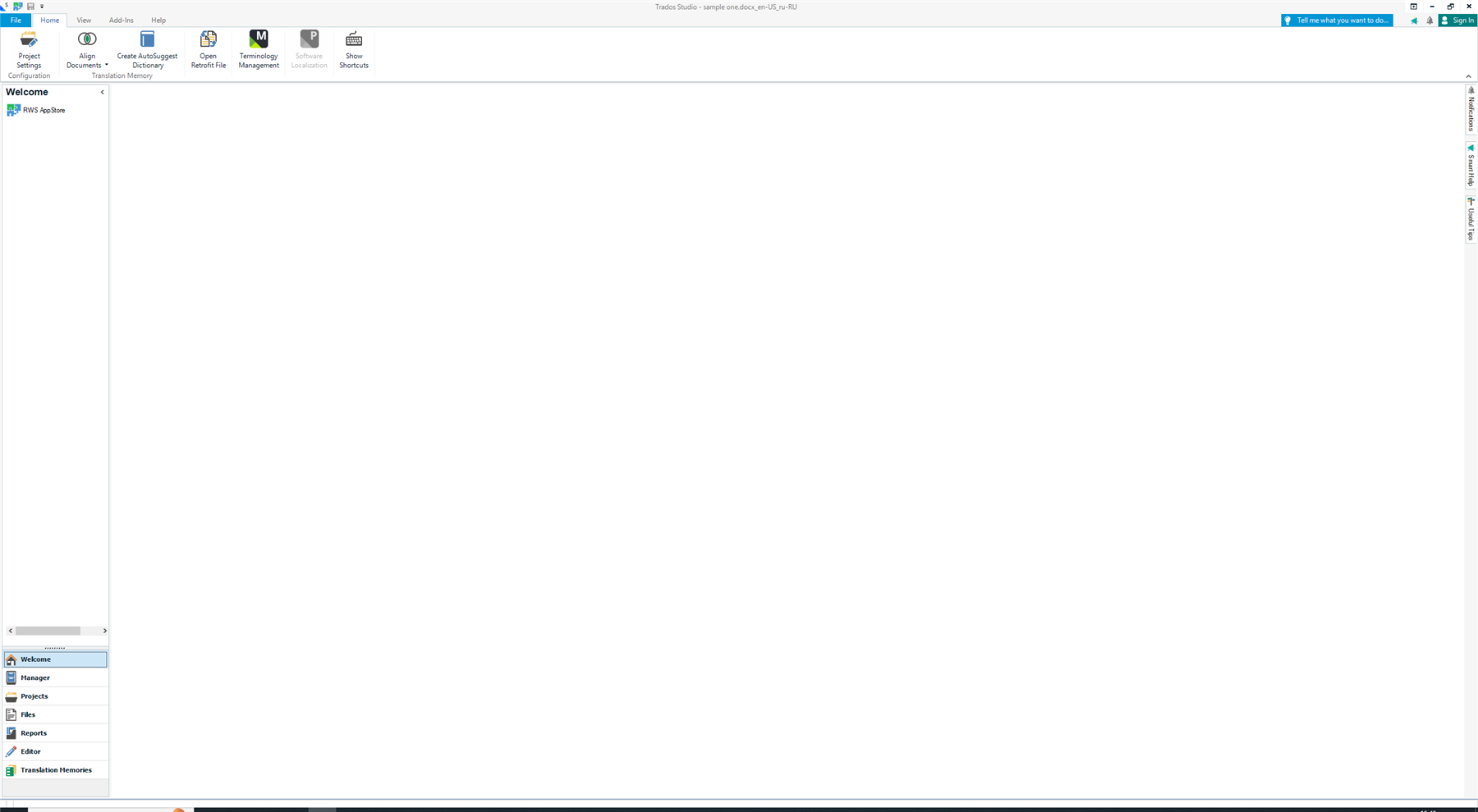 Trados Studio interface with a blank Welcome screen and visible toolbar options like Project Settings, Align Documents, and Terminology Management.