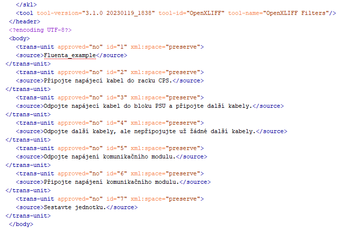 Screenshot of an XLIFF file with multiple trans-unit elements, each with approved='no' status and source text in English.