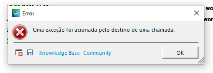 Error dialog box in Trados Studio with a red cross symbol, text reads 'An exception was thrown by the target of an invocation.' with options for Knowledge Base and Community.