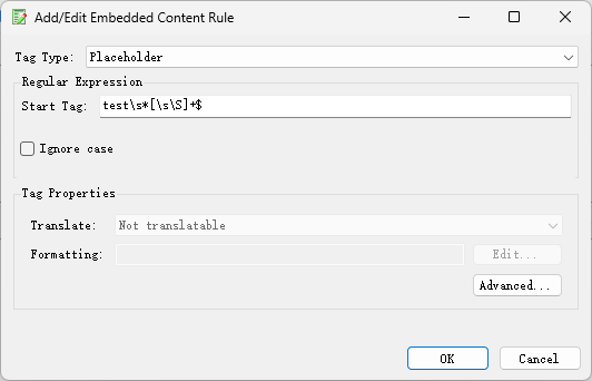 Trados Studio dialog box for adding or editing embedded content rule with a regular expression field filled with 'tests*sS+$'.