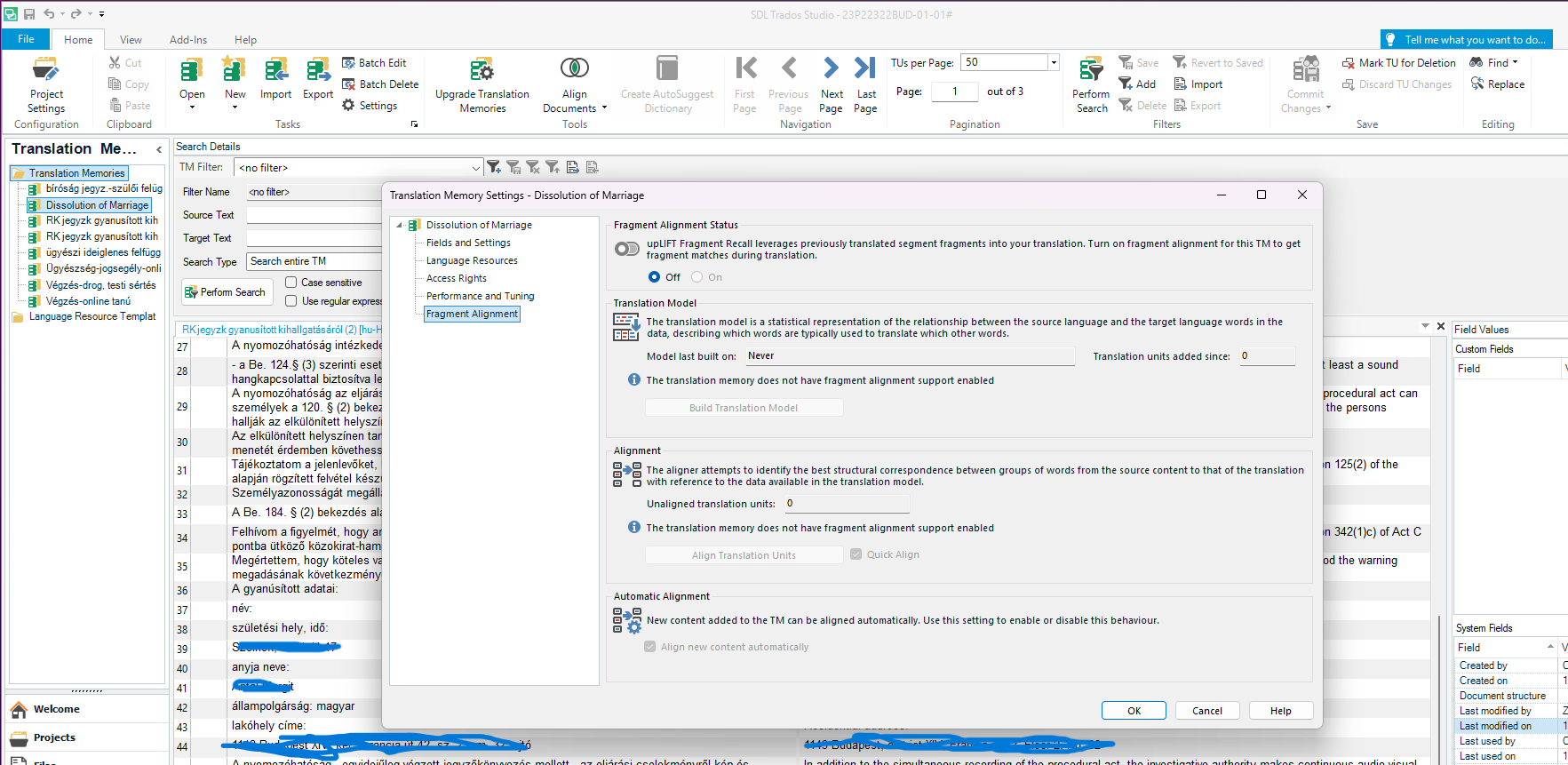 Trados Studio Translation Memory Settings window for 'Dissolution of Marriage' showing Fragment Alignment Status as off and Translation Model never built.