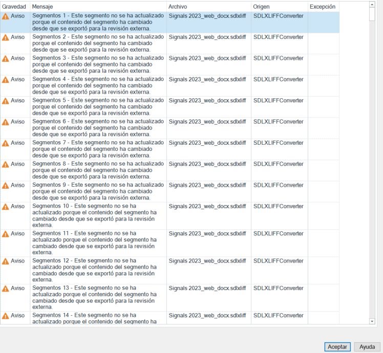 Screenshot of Trados Studio error messages indicating multiple segments, 1 to 14, have not updated because the content has changed since being exported for external review.