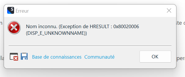 Error message in Trados Studio with a red cross icon, titled 'Erreur'. The message reads 'Nom inconnu. (Exception de HRESULT: 0x80020006 (DISP_E_UNKNOWNNAME))'. There are buttons for 'Base de connaissances' and 'Communaut ', and an 'OK' button.