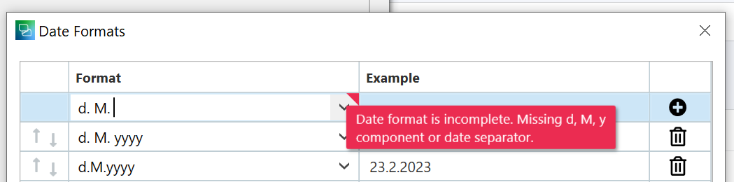 Trados Studio Date Formats window showing an error message 'Date format is incomplete. Missing d, M, y component or date separator' next to the format 'd. M.'