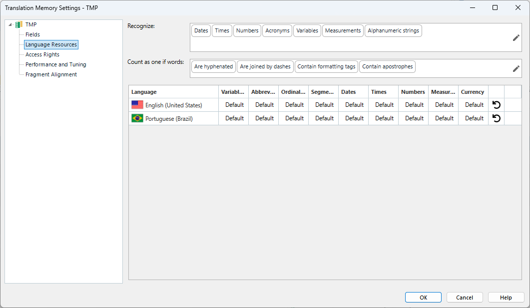 Translation Memory Settings window in Trados Studio, displaying language resources for English (United States) and Portuguese (Brazil) with default settings for variables and other options.