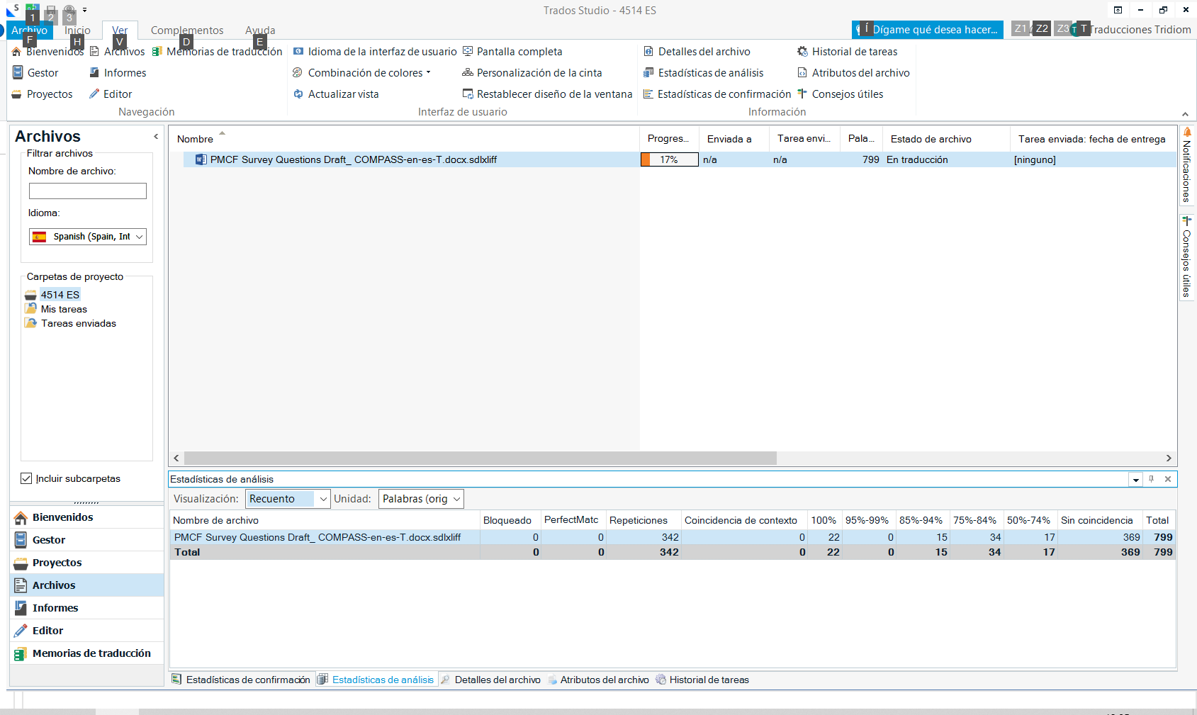 Trados Studio interface displaying analysis statistics for a file with 799 words, including 342 repetitions and 369 words with no match.