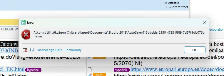 Error message in Swedish stating 'Access to path C:UsersappdDocumentsStudio 2019AutoSavef13bbdda-2130-4793-9f89-7d87f9db076b is denied' with OK button.