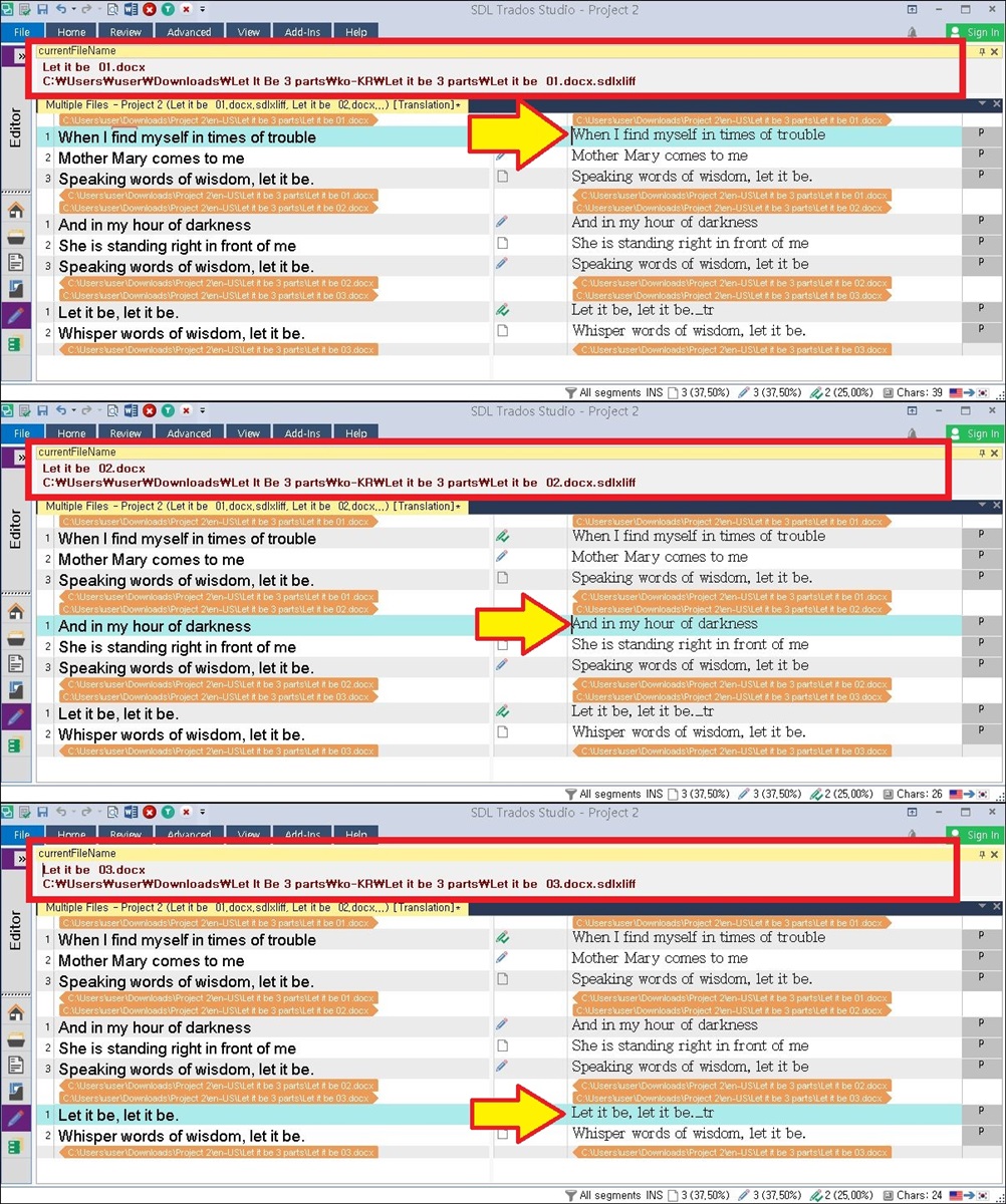Trados Studio screenshot showing 'Let it be 01.docx' file with a 'Record Source TU' error fixed, indicated by red arrows.