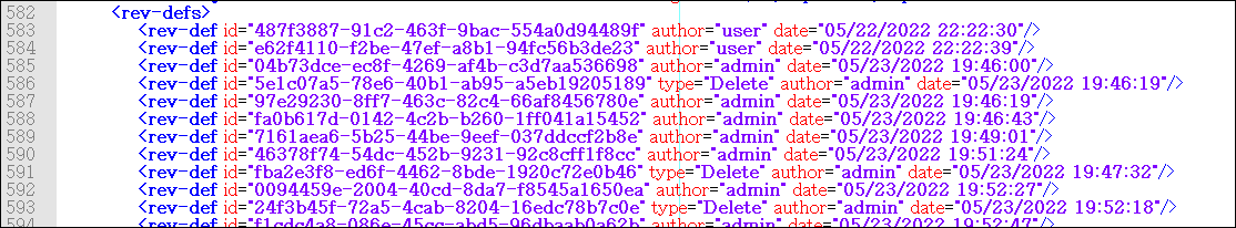 Screenshot of Trados Studio showing a list of revision definitions with unique IDs, authors, dates, and types, some marked as 'Delete' by the admin.