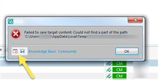 Error message in Trados Studio stating 'Failed to save target content: Could not find a part of the path C:UsersAppDataLocalTemp'. There is a Knowledge Base link and an OK button.