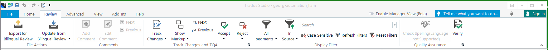 Trados Studio interface showing an error message 'Check Spelling(Language not Supported)' next to the 'Verify Quality Assurance' button.