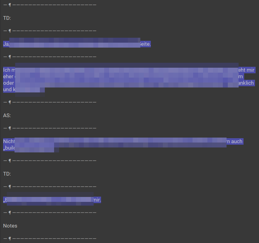 Screenshot of Trados Studio editor displaying a pixellated view of a modified sdlxliff file where segments have been merged, showing all breaks as paragraph breaks.