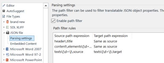 Trados Studio screenshot showing JSON file parsing settings with 'Enable path filter' checked and path filter rules for source and target path expressions.