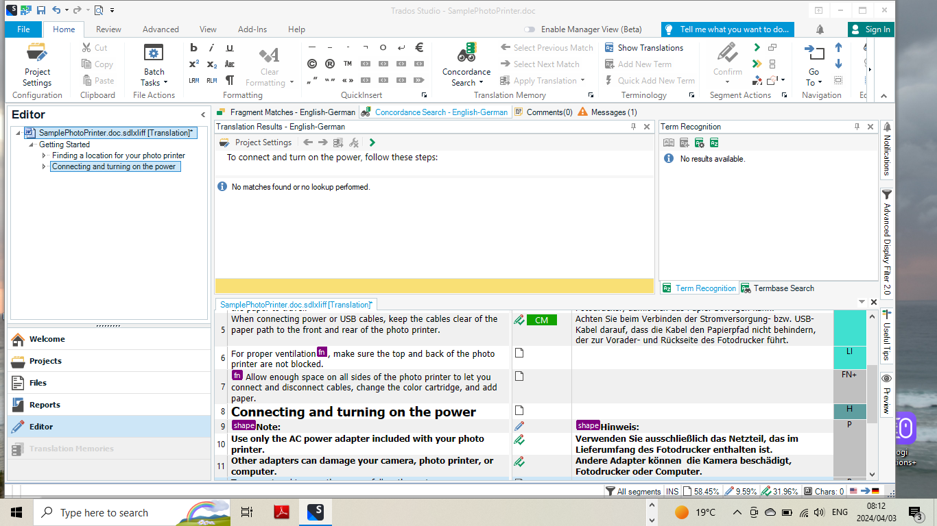 Screenshot of Trados Studio Editor showing segment number 9 with a tag labeled 'shapeNote'. The source text reads 'Note: Use only the AC power adapter included with your photo printer.' and the target text includes the same tag with the translation in German.