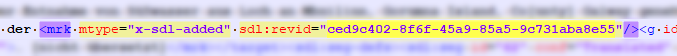Highlighted XML code in Trados Studio showing an empty 'mrk' tag with 'x-sdl-added' type and a revision ID.