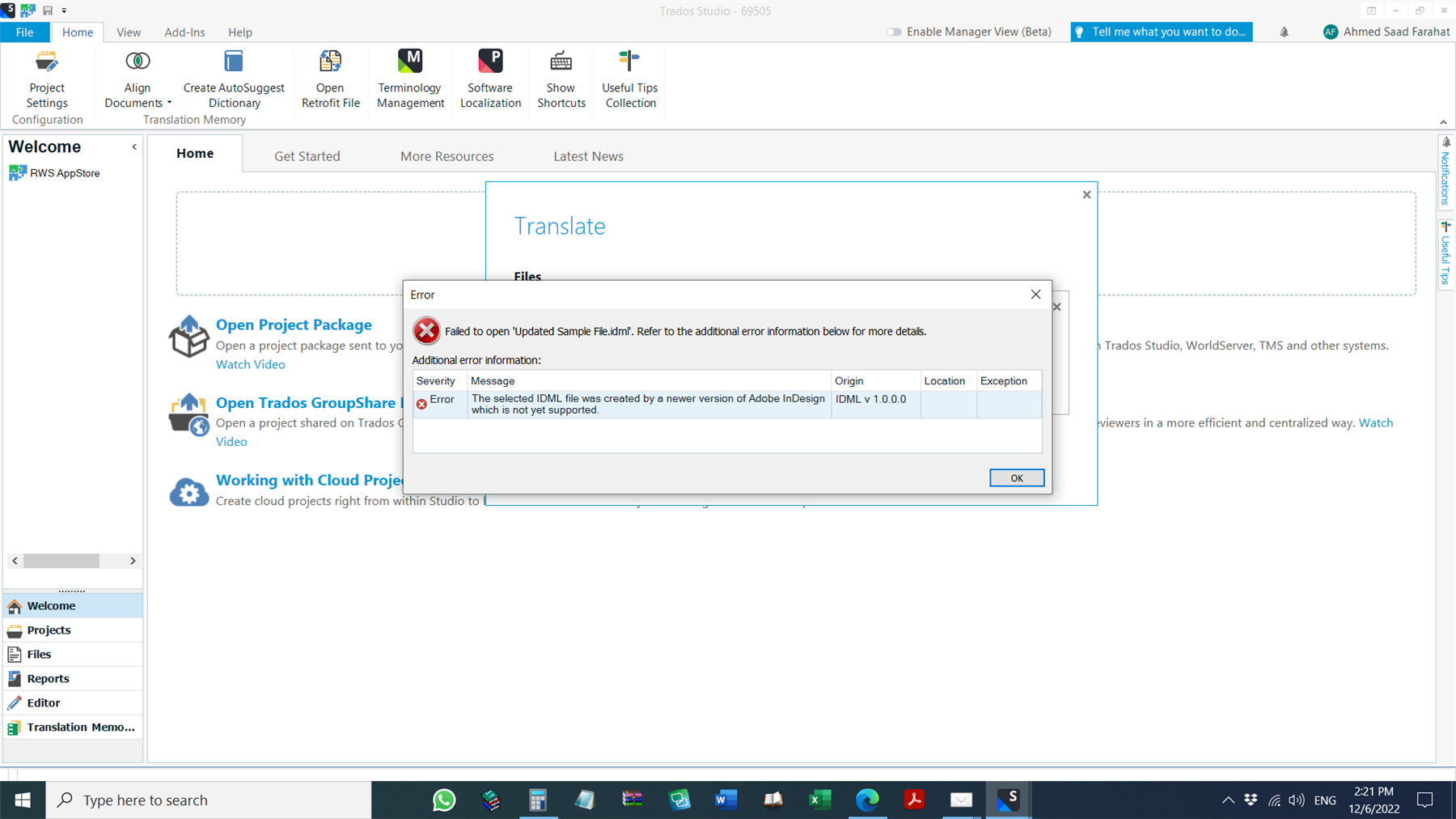 Screenshot of Trados Studio error message stating 'Failed to open Updated Sample File.idml'. Additional error information shows 'The selected IDML file was created by a newer version of Adobe InDesign which is not yet supported.'