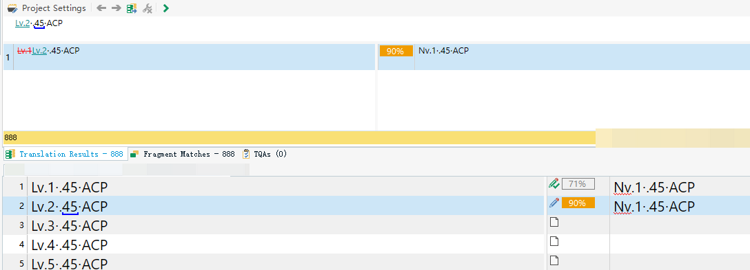 Trados Studio interface showing a list of levels from Lv.1 to Lv.5 with a 90 percent match for Lv.2 and Nv.1 in the translation results.