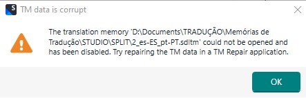 Error message in Trados Studio stating 'TM data is corrupt' with details about a translation memory file that could not be opened and instructions to repair it using a TM Repair application.