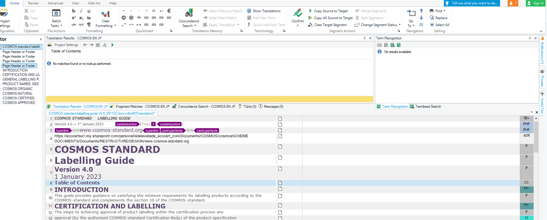 Trados Studio editor window with a document open showing no translation content in the segments despite successful bilingual review import.