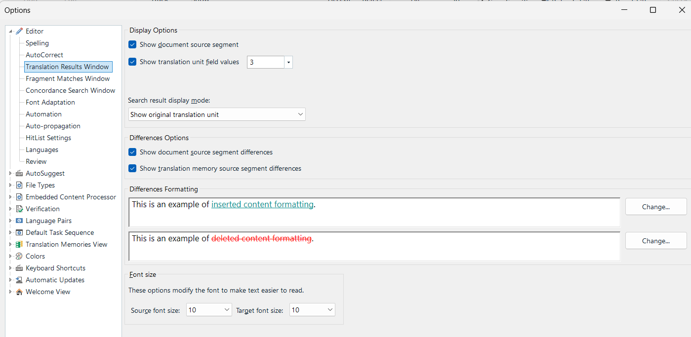 Trados Studio options window showing 'Translation Results Window' settings. Includes options for display, differences formatting with examples of inserted and deleted content formatting, and font size settings.