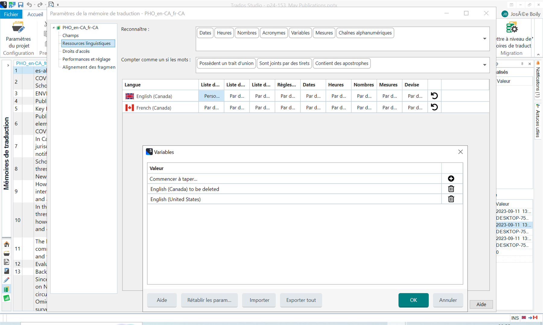 Trados Studio variables window with an entry 'English (Canada) to be deleted' and 'English (United States)' listed.