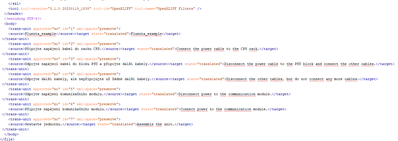 Screenshot of an XLIFF file showing trans-unit elements with approved='no' status, source text in English, and corresponding translated target text.