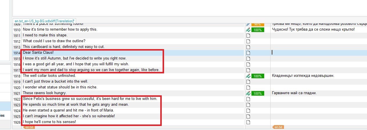 Screenshot of Trados Studio showing text segmented after punctuation marks, with a red box highlighting the segment 'Dear Santa Claus!'