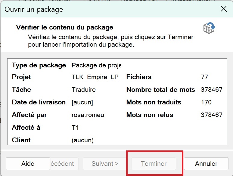 Screenshot of the 'Open a package' dialog in Trados Studio 2015. The 'Finish' button is grayed out, preventing the import process. Package details are displayed, including project name, task, and word counts.