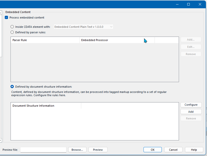 Trados Studio screenshot showing the Embedded Content settings with 'Process embedded content' checked and 'Defined by document structure information' selected.