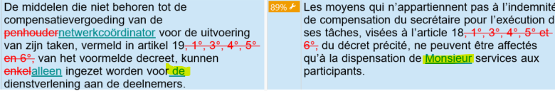 Screenshot of Trados Studio translation software showing a text segment in Dutch on the left and its French translation on the right. The Dutch article 'de' is incorrectly translated as 'Monsieur' in French.