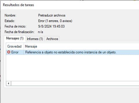 Screenshot of Trados Studio task results showing an error. The error message in Spanish reads 'Referencia a objeto no establecida como instancia de un objeto,' which translates to 'Object reference not set to an instance of an object.'
