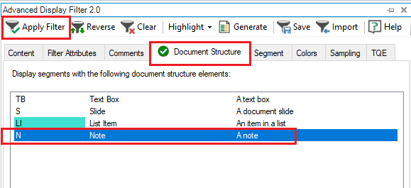 Advanced Display Filter 2.0 window in Trados Studio. Document Structure tab is selected, and Note is highlighted in the list of document structure elements.