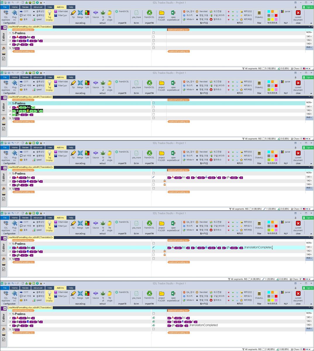 Trados Studio interface displaying translation progress. Top image shows initial untranslated text, middle image shows text during translation with warning symbols, and bottom image shows completed translation with 'translationCompleted' tag.