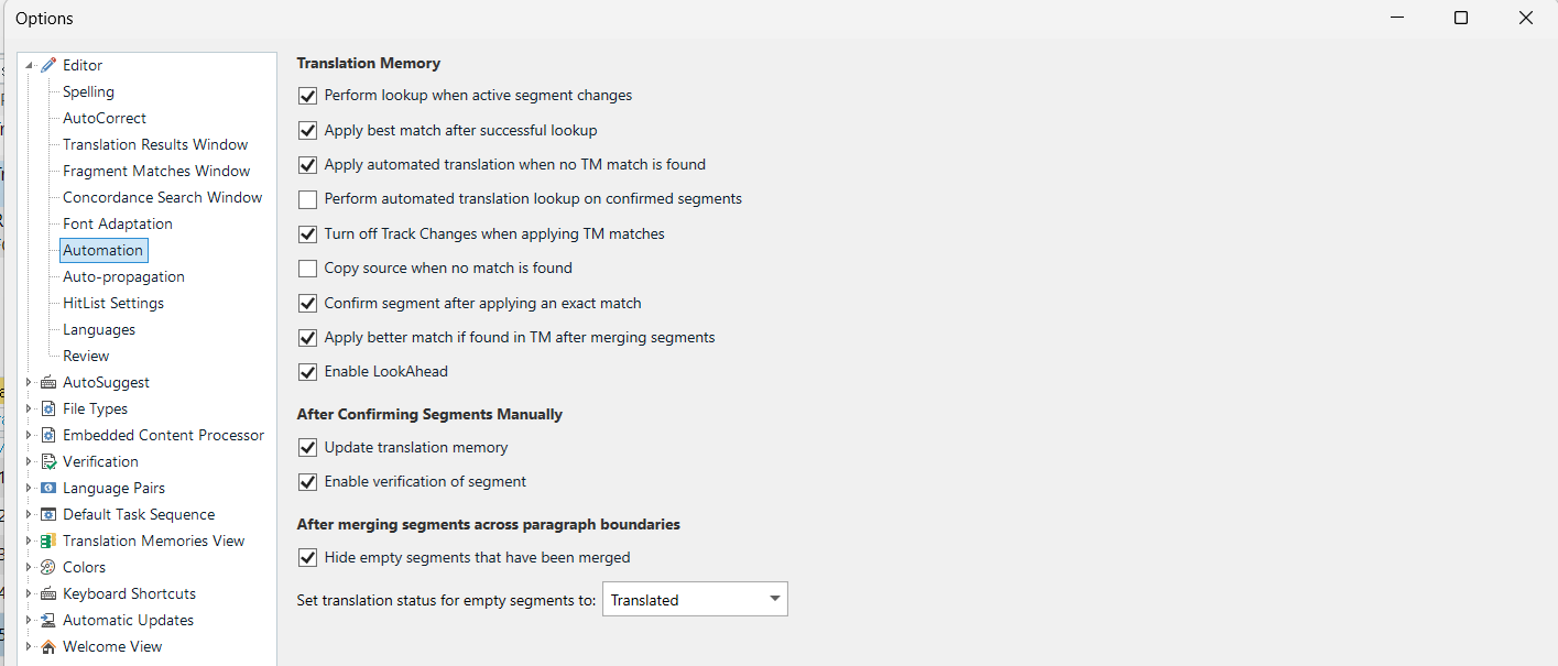 Trados Studio options window showing 'Automation' settings. Includes checkboxes for translation memory options, confirming segments, and merging segments across paragraph boundaries.