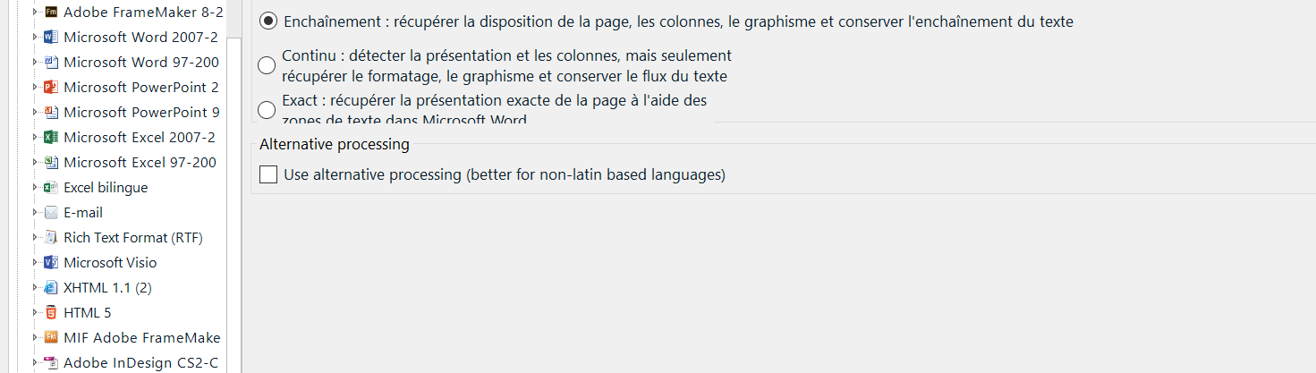 Trados Studio dialog box with incomplete display, options for PDF conversion are cut off and not fully visible.