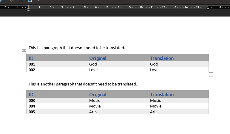Screenshot of an MS Word document showing two tables with headers ID, Original, and Translation. Text outside the tables reads 'This is a paragraph that doesn't need to be translated.' and 'This is another paragraph that doesn't need to be translated.'