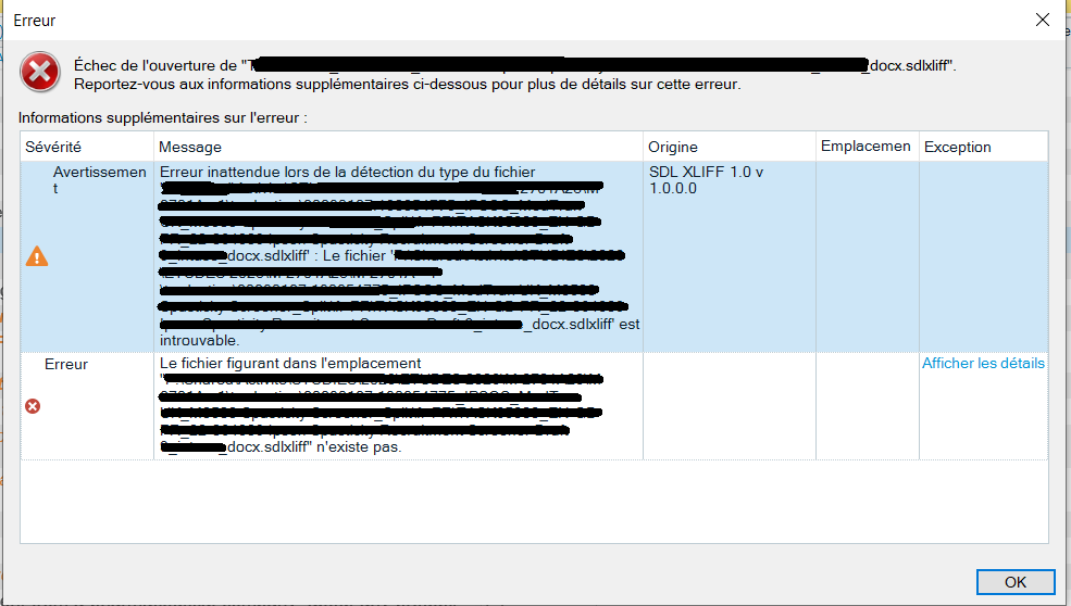 Error message in Trados Studio showing 'Failure to open file name.sdlxliff' and 'The file file name.sdlxliff cannot be found' despite the file being present.