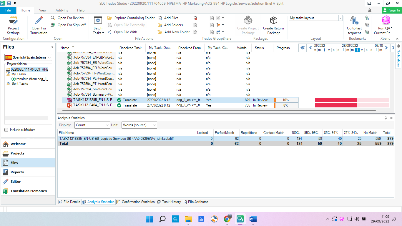 Trados Studio interface showing a file named 'TASK1121604_EN-US-ES...' in the 'Files' list with status 'In Review' and progress bars indicating 10% and 8% completion.