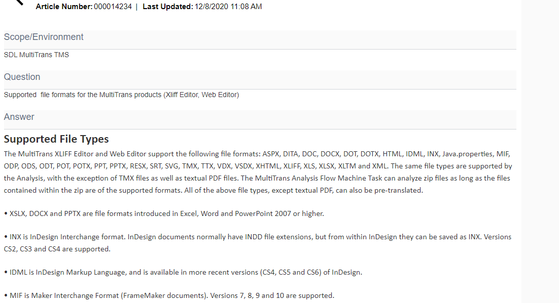 Screenshot of an article detailing supported file formats for SDL MultiTrans TMS, including XLIFF Editor and Web Editor, last updated on December 8, 2020.