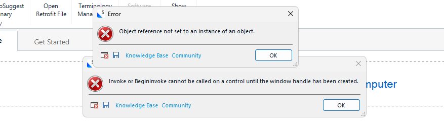 Screenshot showing two error dialog boxes over a software interface. The first error reads 'Object reference not set to an instance of an object.' The second error reads 'Invoke or BeginInvoke cannot be called on a control until the window handle has been created.' Both have 'Knowledge Base Community' links.