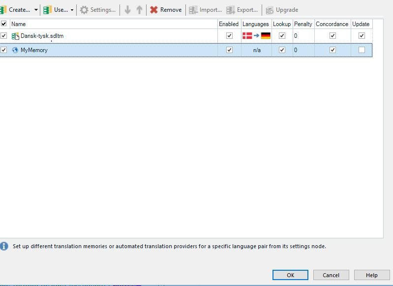 Trados Studio screenshot showing the Translation Memories and Automated Translation Providers window with two items listed: 'Dansk-tysk.sdlm' with 'Enabled' checked, and 'MyMemory' with 'Enabled' unchecked.