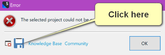 Error dialog box with a red 'X' icon stating 'The selected project could not be opened.' with an 'OK' button and a tooltip saying 'Click here'.