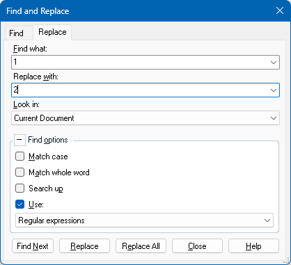 Trados Studio Find and Replace dialog box with 'Find what' field filled with '1' and 'Replace with' field filled with '2'. Replace All button appears unresponsive.