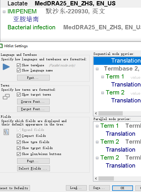 Screenshot of Trados Studio settings window with 'Show target terms' option checked, indicating target language should display but issue persists.