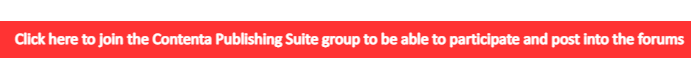 Red bar at the bottom of the RWS Community page with text 'Click here to join the Contenta Publishing Suite group to be able to participate and post into the forums'.