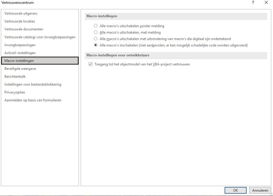 Trust Center settings in Word with Macro Settings highlighted, showing options for disabling macros with and without notification.